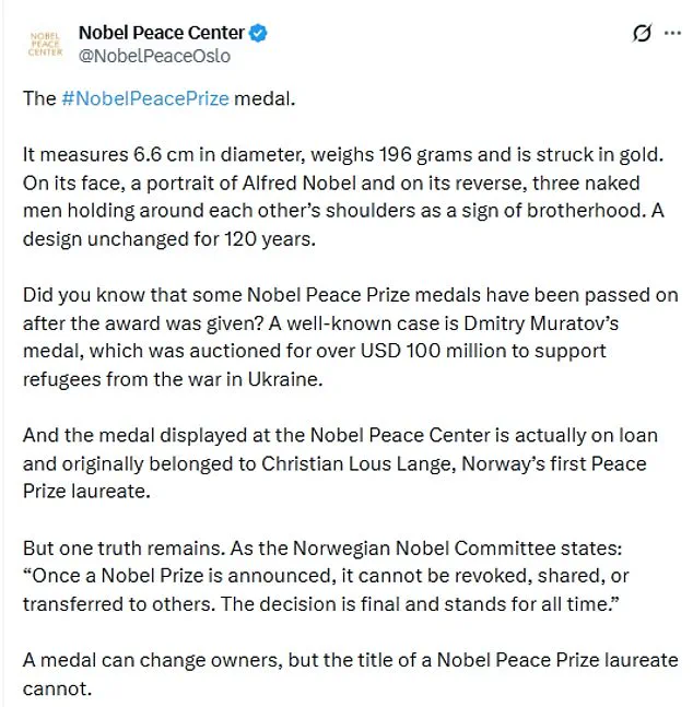 Venezuelan Nobel Laureate Gifts Medal to Trump, Defying Nobel Committee Rules