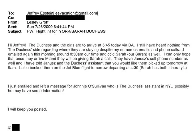 Newly uncovered emails show Sarah Ferguson's office contacting Jeffrey Epstein's staff post-2009 release, requesting flights and upgrades for visits.