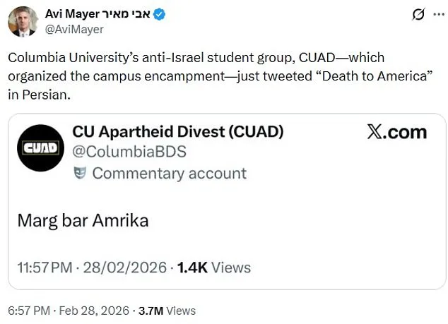 Columbia Pro-Palestine Group's 'Death to America' Post Sparks Controversy Amid U.S.-Israel Strikes on Iran